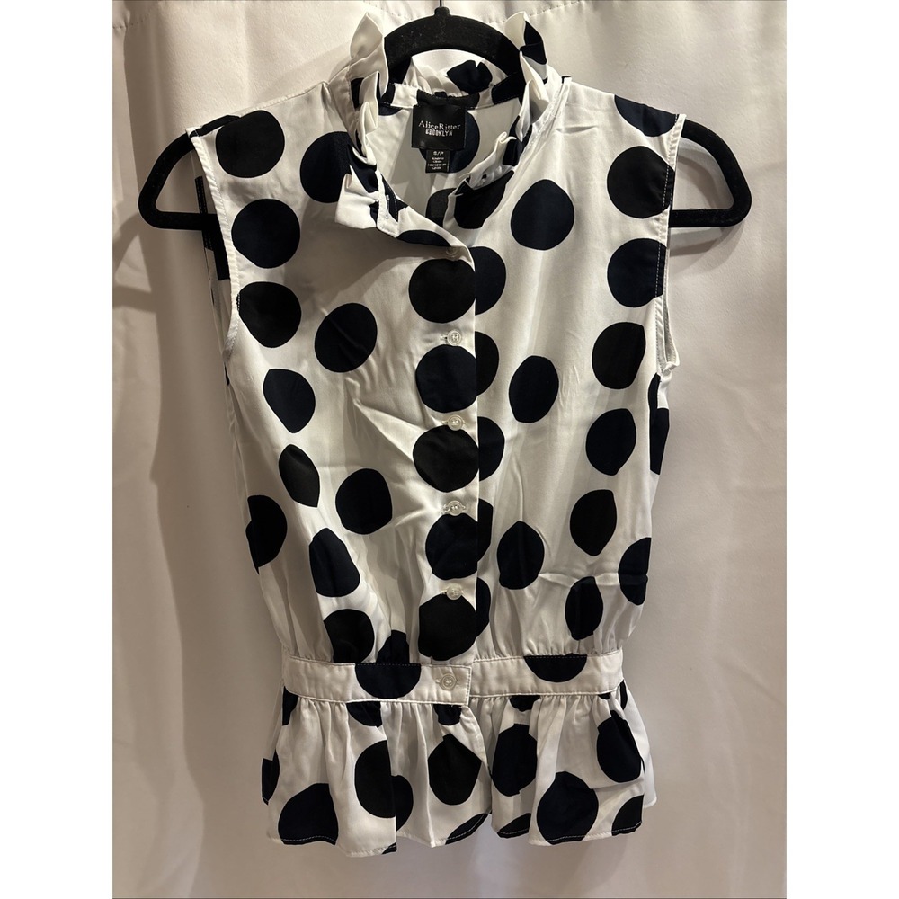Alice Ritter Brooklyn Button Up Peplum Polka Dot Blouse Womens S/P Ruffle Neck